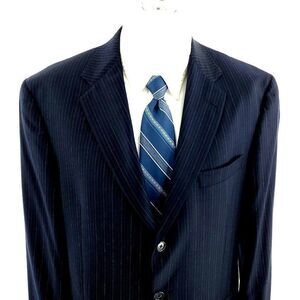 Hart Schaffner Marx Wool 3 Button Suit Jacket 42L Blue W/ Blue‎ Striped